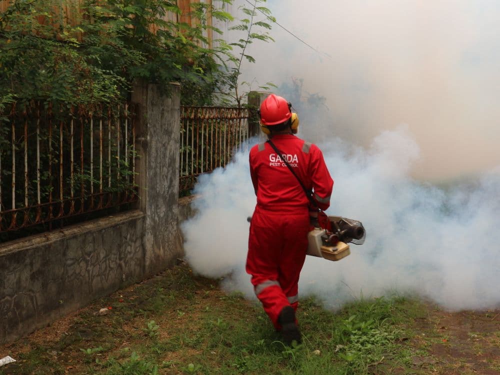 Pest-control worker treating a residential yard